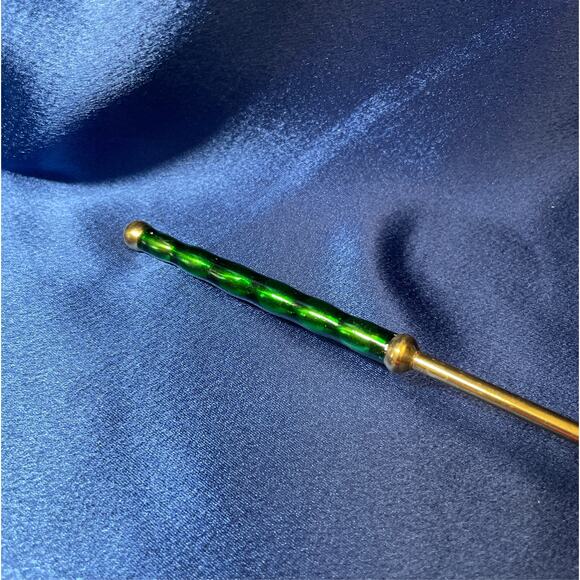 Brass Candle Snuffer with Green Glaze on Bell and Handle - Picture 3 of 5